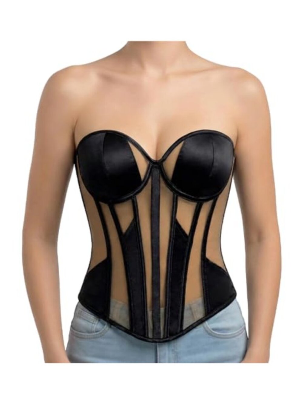 Mesh Strapless Corset Lace-Up Underwire Padded Boned Top